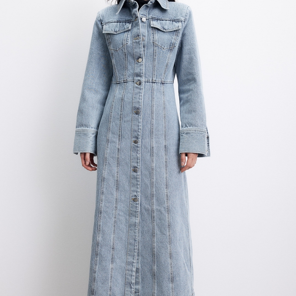 H&M denim maxi dress front buttons denim blue washed sz M BNWT